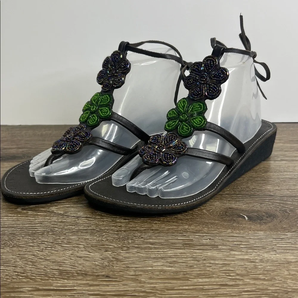 AZU’S Beaded Floral Leather Lace-Up Sandals – Size 38 (US 7)